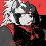  2019 anthro blush canid canine clothing fuyoudo624 goemon_(tas) humanoid_hands male mammal raccoon_dog red_background robe simple_background slightly_chubby solo tanuki tokyo_afterschool_summoners video_games 