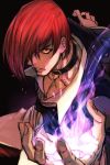  1boy choker fire hankuri male_focus open_mouth purple_fire red_eyes red_hair solo the_king_of_fighters yagami_iori 