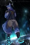  2019 anthro backpack baiyushou blue_fur bottomwear bulge canid canine canis clock clothed clothing duo fingerless_gloves fur gloves handwear male mammal night open_mouth outside raining shirt shorts simple_background sneakers solo_focus standing topwear umbrella unseen_character watch white_fur wolf wristwatch 