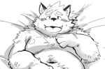  2018 anthro belly blush canid canine cute_fangs lying male mammal moobs navel nekomarudon nipples overweight overweight_male solo tanukimaru 