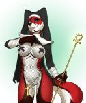  2019 anthro blue_eyes breasts brown_fur canid canine chain clothed clothing digital_media_(artwork) female fur habit kittydee mammal navel net nun pasties pawpads pussy red_fur scepter simple_background solo standing white_fur 