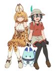 2girls :d animal_ear_fluff animal_ears animal_print backpack bag bangs black_gloves black_hair black_legwear black_ribbon blonde_hair blue_eyes boots bow bowtie breasts brown_footwear closed_mouth collarbone elbow_gloves extra_ears feathers full_body gloves hair_between_eyes hat hat_feather high-waist_skirt highres holding_hands kaban_(kemono_friends) kemono_friends legwear_under_shorts looking_at_another lucky_beast_(kemono_friends) medium_breasts multiple_girls open_mouth pantyhose red_shirt ribbon serval_(kemono_friends) serval_ears serval_print serval_tail shirt shoes short_hair short_sleeves shorts simple_background sitting skirt sleeveless sleeveless_shirt smile tail tanuki_koubou thighhighs white_background white_shirt yellow_eyes zettai_ryouiki 