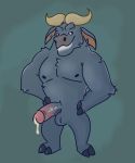  2019 anthro balls bodily_fluids bovid bovine cape_buffalo cattle chief_bogo cottongryph cum digital_drawing_(artwork) digital_media_(artwork) disney erection fur genital_fluids hi_res horn humanoid_penis looking_at_viewer male mammal nipples nude penis simple_background smile solo zootopia 