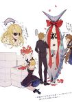  ... 2boys 2girls a082 blonde_hair blue_dress blue_gloves bow box breasts brown_hair character_request cleavage crab dress fish fur_trim gloves granblue_fantasy long_hair multiple_boys multiple_girls red_bow speech_bubble spoken_ellipsis standing sunglasses very_long_hair white_background 