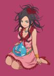  1girl bare_shoulders black_hair blue_eyes bracelet breasts cleavage closed_mouth deborah dragon_quest dragon_quest_v dress earrings flower frilled_dress frills hair_flower hair_ornament high_heels highres hoop_earrings jewelry long_hair looking_at_viewer medium_breasts mole mole_under_eye necklace pink_background pink_dress red_footwear red_ribbon ribbon shoes simple_background sitting slime slime_(dragon_quest) smile tanuki_koubou wariza 