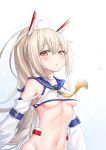  1girl :o ayanami_(azur_lane) azur_lane bangs bare_shoulders blonde_hair blue_sailor_collar blush breasts cherry_blossoms commentary crop_top detached_sleeves eyebrows_visible_through_hair falling_petals hair_between_eyes headgear long_hair long_ponytail looking_at_viewer navel neckerchief open_mouth ponytail retrofit_(azur_lane) sailor_collar sidelocks skindentation solo stomach underboob very_long_hair wide_sleeves yellow_neckwear zh00560 