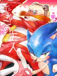  &lt;3 3:4 anthro blue_fur clenched_teeth clothing den255 dr._eggman duo eulipotyphlan eyewear facial_hair fur glasses gloves green_eyes handwear hedgehog human japanese_text male mammal mustache red_clothing red_topwear ribbons smile sonic_(series) sonic_the_hedgehog teeth text topwear 