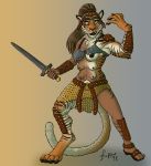  2018 6_breasts anthro armor athletic bracers breasts brown_hair felid female gladiator green_eyes hair idlerawr mammal melee_weapon multi_breast navel nipples pantherine ponytail simple_background solo standing surprise sword tiger transformation unconvincing_armor weapon whiskers 