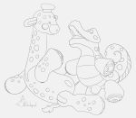  2019 absurd_res alligator alligatorid animate_inanimate black_and_white crocodilian duo giraffe giraffid hi_res line_art male mammal monochrome penis reptile scalie toy unusual_penis unusual_pussy whalegourd 