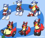  2017 3_toes ? animate_inanimate anthro bandanna belly_expansion biped black_body blue_eyes blue_fur blue_hair blue_markings blue_tail canid canine canis chest_spike digital_drawing_(artwork) digital_media_(artwork) dipstick_tail eyes_closed forced_smile fur geometric_background grey_fur grey_tail grin hair hair_highlights happy hose inanimate_transformation inflatable inflation inner_ear_fluff joltink living_inflatable lucario male mammal markings mostly_nude multicolored_tail neckerchief nintendo nozzle pawpads pink_pawpads plushie pok&eacute;mon pok&eacute;mon_(species) pool_toy post_transformation red_body red_tail sequence simple_background sitting smile smirk solo species_transformation spikes standing surprise tan_belly toes toony transformation video_games white_belly white_fur white_hair white_tail wolf worried 