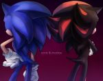  anthro black_fur blue_fur butt clothing crossed_arms den255 duo english_text eulipotyphlan fur gloves gradient_background hand_on_hip handwear hedgehog male mammal rear_view red_fur shadow_the_hedgehog simple_background sonic_(series) sonic_the_hedgehog standing text 