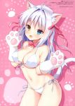  1girl absurdres aina_rive animal_ear_fluff animal_ears antenna_hair bare_shoulders bikini blue_eyes bow bowtie breasts cat_ears cat_girl cat_tail cleavage collarbone cowboy_shot front-tie_bikini front-tie_top gloves groin hair_intakes hair_ribbon halter_top halterneck hands_up heterochromia highres large_breasts long_hair looking_at_viewer mauve navel open_mouth orange_eyes original paw_gloves paws red_ribbon ribbon scan shadow side-tie_bikini smile solo standing stomach strap_gap swimsuit tail thighs white_bikini white_hair 