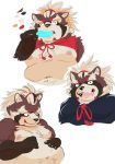  2019 anthro belly black_nose canid canine clothing eyes_closed food goemon_(tas) humanoid_hands hysk male mammal moobs navel nipples overweight overweight_male popsicle raccoon_dog robe simple_background tanuki teeth tokyo_afterschool_summoners video_games 