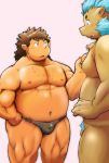  2019 andvari anthro belly bulge clothing duo facial_hair flaccid gouryou humanoid_hands kiyo male mammal moobs navel nipples overweight overweight_male penis simple_background speedo suid suina sus_(pig) swimwear tokyo_afterschool_summoners video_games wild_boar 