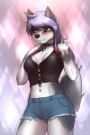  2019 absurd_res anthro bashful blush bottomwear canid canine canis clothed clothing collar diamond_(character) digital_media_(artwork) domestic_dog female hair hi_res husky mammal mykegreywolf navel nordic_sled_dog shorts solo spitz 