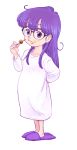  1girl absurdres closed_mouth commentary_request dango dr._slump food glasses highres lafolie long_hair looking_at_viewer norimaki_arale overalls purple_eyes purple_hair shirt simple_background smile solo wagashi white_background 