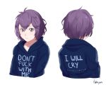  1girl alternate_costume artist_name bernadetta_von_varley closed_mouth fikkyun fire_emblem fire_emblem:_three_houses from_behind grey_eyes multiple_views purple_hair short_hair simple_background solo upper_body white_background 