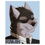  2019 anthro badge blue_eyes canid canine canis digital_media_(artwork) eyewear hi_res male mammal rakan rikathetika scar sunglasses text were werecanid werecanine werewolf wolf 