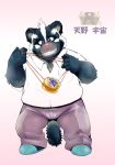  2008 anthro black_fur bottomwear civet clothing fur japanese_text male mammal masked_palm_civet nekomarudon palm_civet pants pink_nose shirt simple_background slightly_chubby solo tanukimaru teeth text topwear viverrid white_fur yoyo 