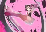  1girl armpits ass black_hair breasts brown_hair mokutan_mmmm monowheel open_mouth pink_eyes red_eyes senki_zesshou_symphogear skirt small_breasts thighhighs tsukuyomi_shirabe twintails 