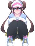  1girl black_legwear blue_eyes breasts brown_hair commentary_request double_bun hair_between_eyes hat highres large_breasts long_hair looking_at_viewer mei_(pokemon) pantyhose pokemon pokemon_(game) pokemon_bw2 shiva_(johan-s) shoes sidelocks simple_background smile sneakers solo squatting twintails visor_cap white_background 
