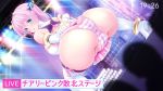  1girl arms_behind_back blue_eyes breasts cheery_pink commentary_request earrings elbow_gloves gloves hair_ornament highres jewelry large_breasts long_hair looking_at_viewer looking_back magical_girl original panties pink_hair pink_panties sakuraba_momoka squatting stage string_panties striped striped_panties thighhighs underwear v-mag 
