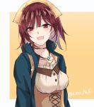  1girl :d atelier_(series) atelier_sophie bangs blue_coat breasts coat collarbone corset eyebrows_visible_through_hair head_scarf jewelry kinohal95 looking_at_viewer medium_breasts necklace open_clothes open_coat open_mouth purple_hair red_eyes smile solo sophie_neuenmuller twitter_username 