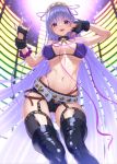  1girl \m/ ass_visible_through_thighs bb_(fate)_(all) bb_(swimsuit_mooncancer)_(fate) bikini black_footwear black_gloves black_shorts boots bow breasts cowboy_shot earrings fate/grand_order fate_(series) fingerless_gloves gloves hair_ribbon jewelry large_breasts long_hair looking_at_viewer navel pink_bow pink_ribbon purple_bikini purple_eyes purple_hair rainbow_order ribbon saruchitan shiny shiny_skin short_shorts shorts smile solo standing star star_earrings swimsuit thigh_boots thighhighs 