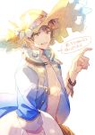  1boy a082 blue_jacket bracelet brown_eyes brown_hair flower gran_(granblue_fantasy) granblue_fantasy hand_up hat hat_flower hat_ornament jacket jewelry looking_at_viewer male_focus open_clothes open_mouth simple_background standing straw_hat sun_hat 