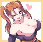  1girl ;d bare_shoulders breasts cleavage collarbone corset dragon_quest dragon_quest_viii earrings eyebrows_visible_through_hair heart jessica_albert jewelry kinohal95 large_breasts long_hair motion_lines off-shoulder_shirt off_shoulder one_eye_closed open_mouth orange_hair pink_eyes purple_shirt shirt smile solo twintails upper_body 