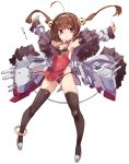  1girl ahoge anchor_hair_ornament ass_visible_through_thighs azur_lane bangs bare_shoulders breasts brown_hair brown_legwear brown_panties cameltoe commentary_request dress eyebrows_visible_through_hair full_body fur-trimmed_jacket fur_trim grey_footwear hair_ornament hairband hairpods highres jacket karukan_(monjya) long_hair machinery open_clothes open_jacket outstretched_arms panties parted_lips ping_hai_(azur_lane) red_dress red_eyes shoes side-tie_panties simple_background sleeveless sleeveless_dress sleeves_past_wrists small_breasts solo spread_arms thighhighs translation_request twintails underwear v-shaped_eyebrows very_long_hair white_background white_hairband white_jacket 