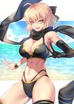  1girl ahoge armband asymmetrical_gloves asymmetrical_legwear bikini black_bikini black_bow black_gloves black_legwear black_scarf blonde_hair blue_sky bow breasts cleavage cloud commentary_request eyebrows_visible_through_hair fate/grand_order fate_(series) gloves hair_between_eyes hair_bow highleg highres large_breasts nasaniliu navel ocean okita_souji_(fate)_(all) okita_souji_(swimsuit_assassin)_(fate) revision scarf short_hair single_glove skindentation sky smile solo swimsuit thigh_strap white_background yellow_eyes 