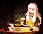  1girl book cake cookie cup cupcake dmjh93 eating epaulettes fire_emblem fire_emblem:_three_houses food highres holding holding_book holding_cup long_hair long_sleeves lysithea_von_ordelia open_book pink_eyes plate sitting solo table teacup uniform upper_body white_hair 