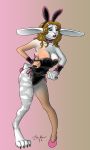  2016 anthro areola breasts brown_hair bunny_costume choker clothing costume fake_ears fake_rabbit_ears female green_eyes hair idlerawr jewelry lagomorph leporid mammal necklace open_mouth pigeon_toed rabbit ribbons simple_background solo standing transformation 