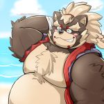  2019 anthro belly blush brown_fur canid canine clothed clothing fur goemon_(tas) male mammal mohumohudansi moobs nipples outside overweight overweight_male raccoon_dog solo tanuki tokyo_afterschool_summoners video_games water 