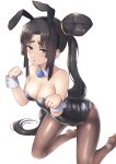  1girl animal_ears bangs bare_shoulders black_hair black_leotard blue_eyes blush breasts bunny_ears bunnysuit cleavage covered_navel detached_collar fate/grand_order fate_(series) fishnet_pantyhose fishnets kneeling leotard long_hair looking_at_viewer medium_breasts open_mouth p!nta pantyhose parted_bangs paw_pose side_ponytail solo thighs ushiwakamaru_(fate/grand_order) very_long_hair wrist_cuffs 