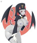  2019 5_fingers alpha_channel areola big_breasts bottomless breasts clothed clothing cross demon digital_media_(artwork) facial_markings female fingers grey_skin habit head_markings hi_res horn humanoid looking_at_viewer mammal markings nipples nun open_mouth partially_clothed red_sclera roadiesky simple_background smile solo thick_thighs transparent_background wings womb_tattoo 