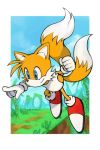  1boy animal_ears blue_eyes ears fox_ears fur gloves hankuri male_focus multiple_tails no_humans nose pointing shoes smile solo sonic_the_hedgehog tail tails_(sonic) two_tails 