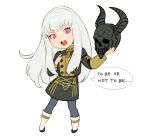  1girl blue_legwear chibi death_knight_(fire_emblem) english_text fire_emblem fire_emblem:_three_houses garreg_mach_monastery_uniform helmet holding jivke long_hair long_sleeves lysithea_von_ordelia open_mouth pink_eyes simple_background solo uniform white_background white_hair 