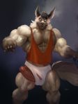  abs anthro biceps big_muscles canid canine canis clothing erection fur goroguro hi_res huge_muscles humanoid_penis looking_down male mammal muscular muscular_male pecs penis penis_through_leghole poking_out shirt solo tank_top topwear torn_clothing veiny_muscles white_fur wolf 