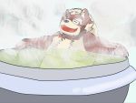  2019 anthro bathing belly blush canid canine eyes_closed goemon_(tas) male mammal moobs nipples overweight overweight_male panthera7uncia raccoon_dog solo tanuki tokyo_afterschool_summoners video_games water 