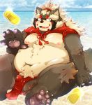  2019 anthro balls beach belly blush brown_fur bulge canid canine clothing fundoshi fur goemon_(tas) humanoid_hands japanese_clothing male mammal moobs navel nipples overweight overweight_male raccoon_dog seaside shirt sitting solo tanuki tokyo_afterschool_summoners topwear tsurugi tsurugi23 underwear video_games water 