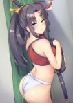  1girl ass back bangs bare_shoulders black_hair blue_eyes blush breasts closed_mouth fate/grand_order fate_(series) katana long_hair looking_at_viewer mask medium_breasts p!nta parted_bangs red_bikini_top side_ponytail smile solo sword tengu_mask ushiwakamaru_(fate/grand_order) ushiwakamaru_(swimsuit_assassin)_(fate) very_long_hair weapon white_bikini_bottom 