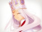  1girl bangs blurry closed_eyes crown dress_of_heaven fate/stay_night fate_(series) from_behind headpiece heaven&#039;s_feel illyasviel_von_einzbern long_hair looking_at_viewer looking_back official_art smile solo spoilers takeuchi_takashi white_background white_hair 