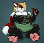  anthro big_breasts blonde_hair breasts canid canine carifoxleopard claire_ann_fuchs cleavage clothed clothing dirndl doughnut eating eyewear female food food_on_face fox glasses green_eyes hair mammal pawpads ponytail slightly_chubby 