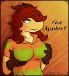  2019 4_fingers anthro big_breasts blue_eyes breasts captainzepto clothed clothing english_text female fingers gloves gradient_background grin hair handwear holding_breast horn orange_background red_hair reptile scalie seductive simple_background smile text 