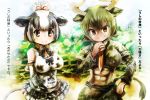  &gt;:) 2girls abs animal_ears animal_print arms_behind_back aurochs_(kemono_friends) bangs bare_shoulders black_hair bow bowtie breasts brown_eyes camouflage camouflage_shirt camouflage_skirt commentary_request cow_ears cow_horns cow_print cow_tail crop_top cropped_shirt dark_skin day elbow_gloves empty_eyes extra_ears frilled_skirt frills gloves green_hair hair_bow hand_on_hip hand_up holstein_friesian_cattle_(kemono_friends) horns impossible_clothes kemono_friends long_sleeves looking_at_viewer multicolored_hair multiple_girls necktie outstretched_arms shirt short_hair short_over_long_sleeves short_sleeves sidelocks skirt smile stealstitaniums stomach tail translation_request two-tone_hair v-shaped_eyebrows white_hair 