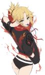  1girl ass bangs black_jacket black_panties blonde_hair braid eyebrows_visible_through_hair fire from_behind green_eyes hair_ornament hair_scrunchie highres hood in_mouth jacket jewelry long_sleeves looking_at_viewer mordred_(fate) mordred_(fate)_(all) necklace panties red_hood red_scrunchie scrunchie simple_background sketch solo tonee underwear white_background 