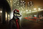  2019 anthro ariadog biped black_nose car city clothed clothing detailed_background digital_media_(artwork) fur hair jacket mammal max_raccoonism night outside procyonid raccoon red_hair scarf sidewalk solo street topwear vehicle 