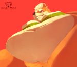  anthro belly big_belly big_breasts blonde_hair bra breasts clothing digital_media_(artwork) hair hi_res looking_at_viewer low-angle_view male mammal moobs navel overweight overweight_male simple_background sleepyras solo thick_thighs underwear 